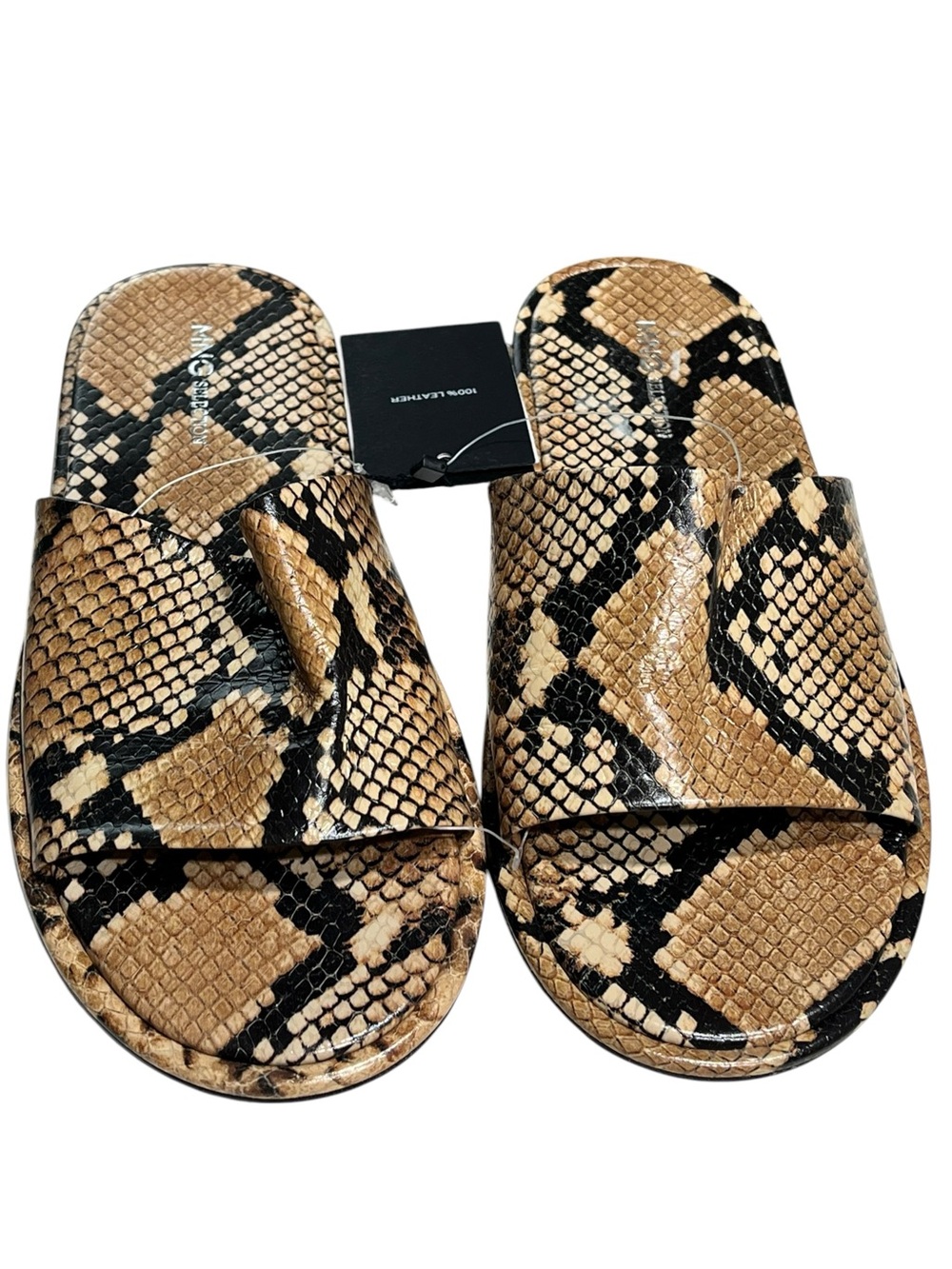 NWT MNG Premium Pieces 100% Leather Python Print Slide Sandals - 7.5